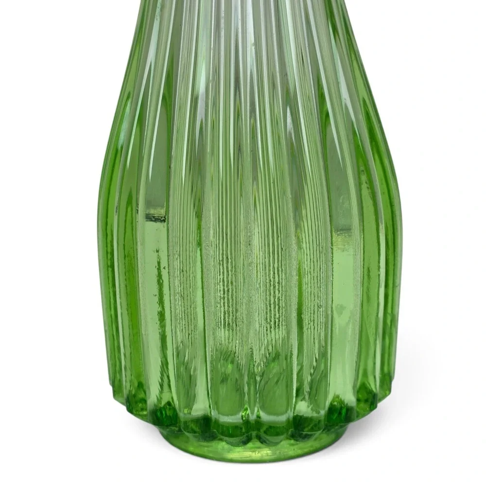 Vintage Green Ribbed Art Glass Swung Vase MCM Pulled Rim 12